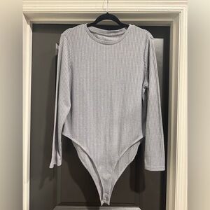 Gray Ribbed Long Sleeve Bodysuit